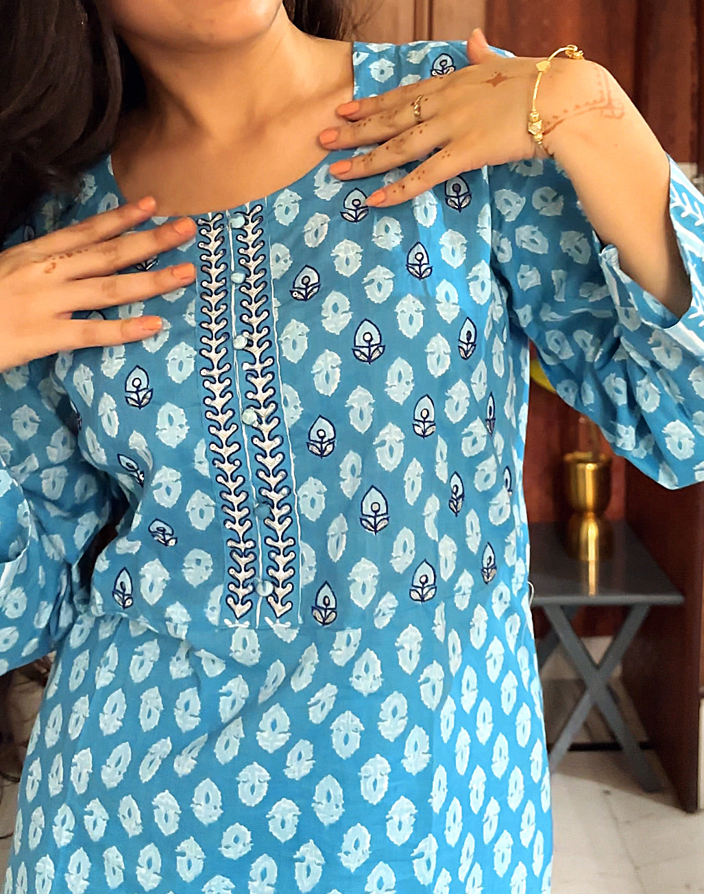 Blue Blossom Handblock Kurti – Breezy Comfort Meets Timeless Charm