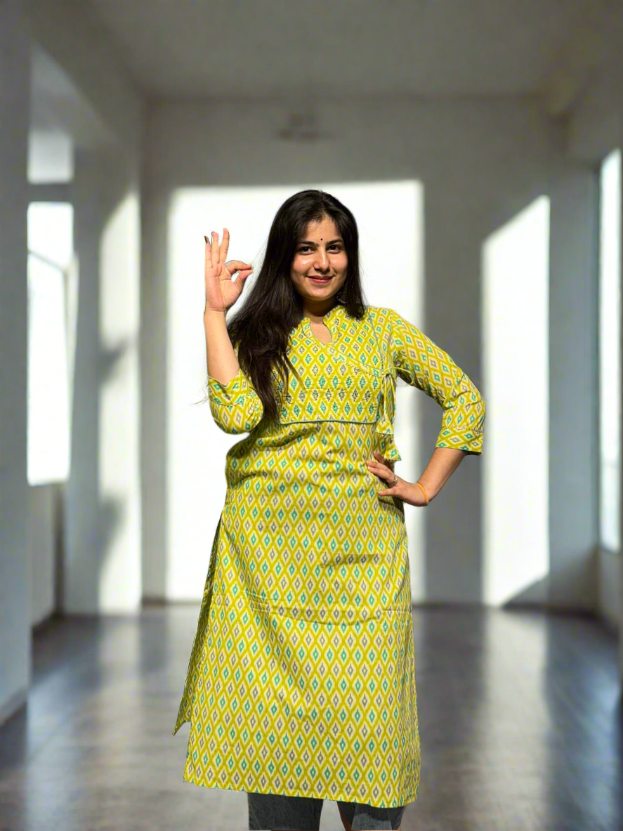 Sunlit Ikat Cotton Kurta – Yellow & Blue