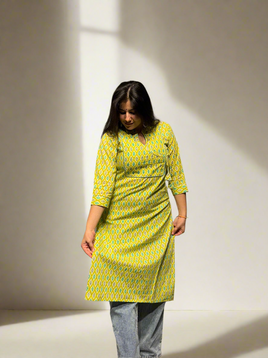 Sunlit Ikat Cotton Kurta – Yellow & Blue