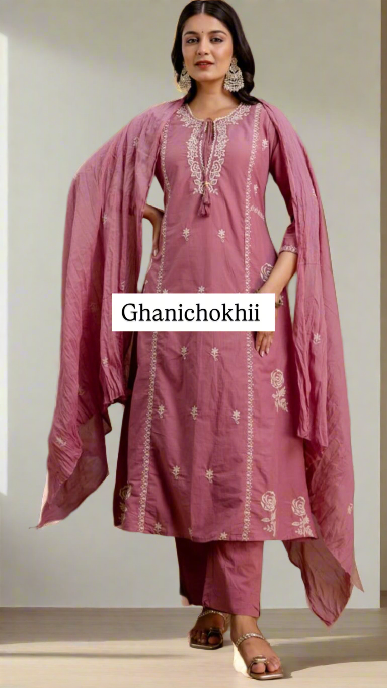Rosewood Hand-Embroidered Cotton Kurta Set