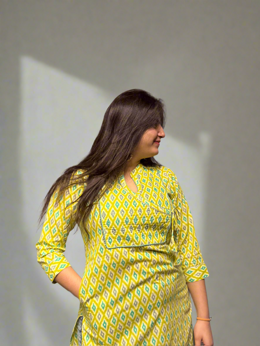 Sunlit Ikat Cotton Kurta – Yellow & Blue