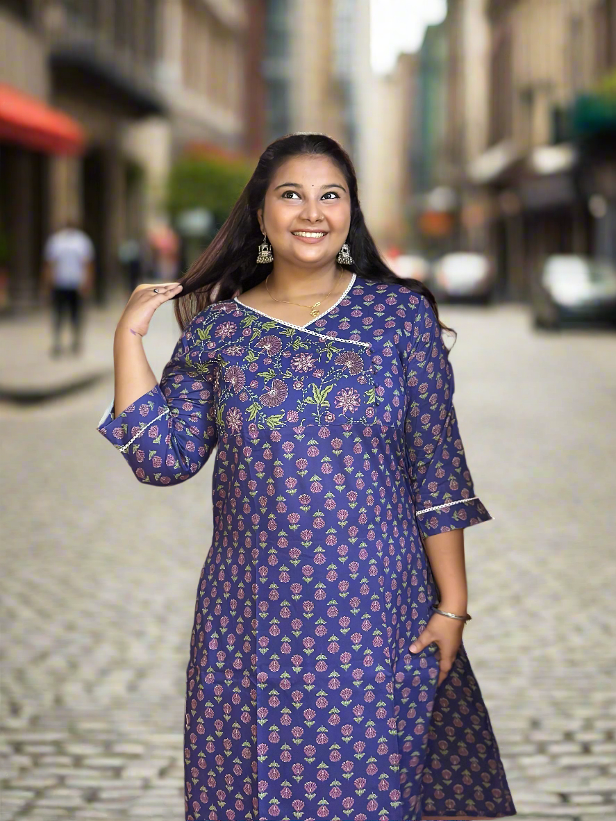 Blue Floral Kurta and Pant Set with Embroidered Neckline