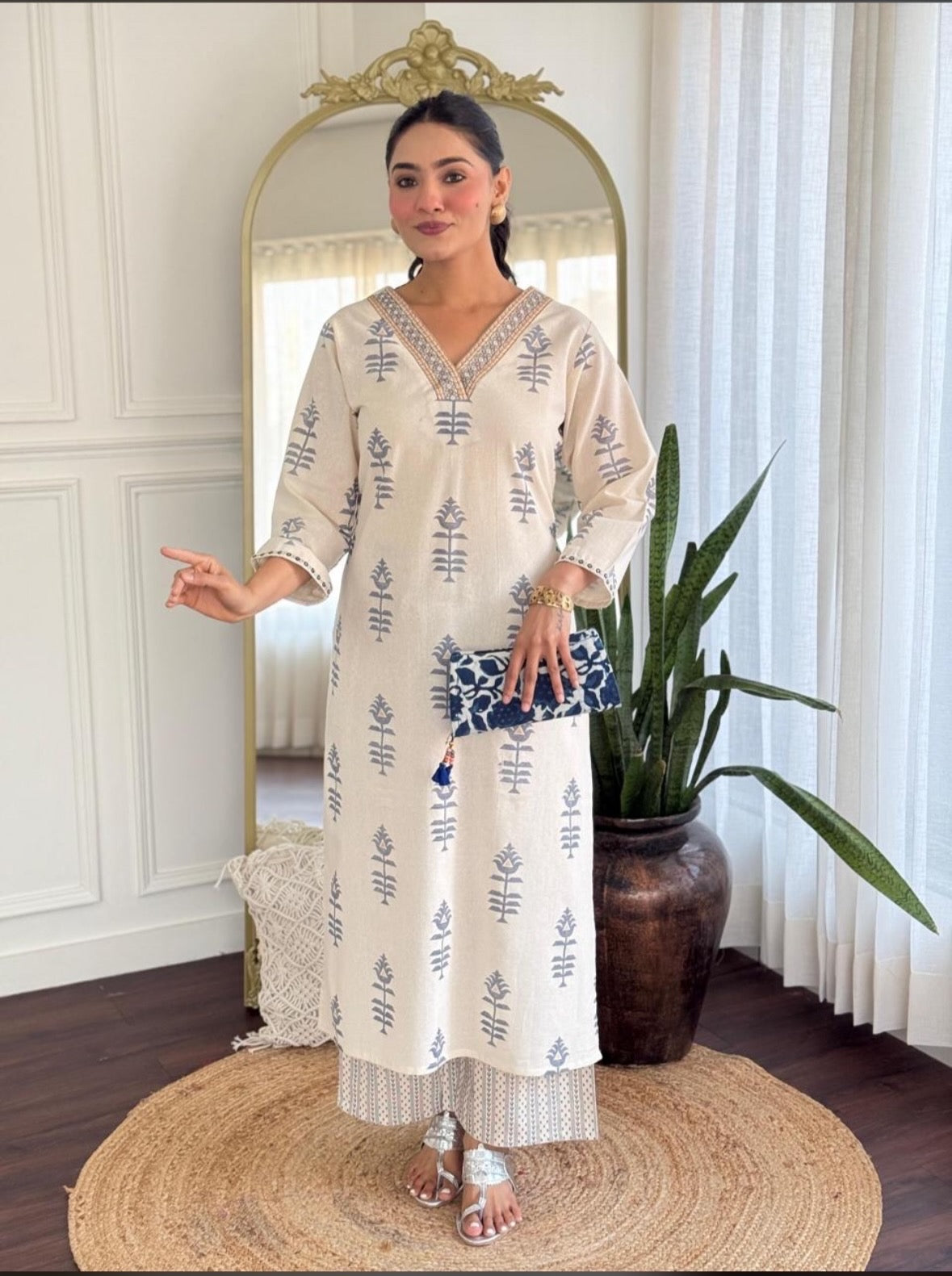 Elegant Tagai Work Cotton Kurta Set Potli Button Detailing