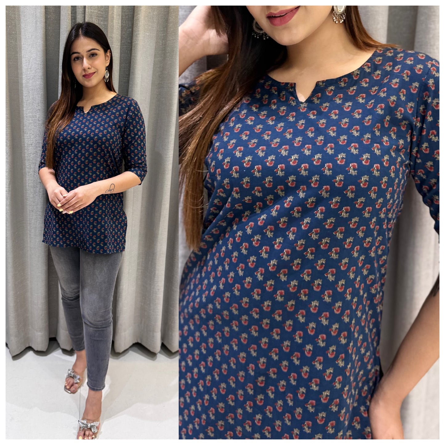 Navy Blue Sanganeri Floral Short Kurti – Everyday Elegance