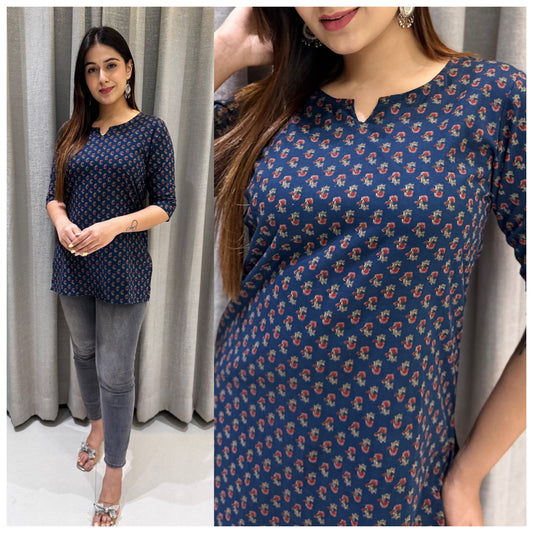 Navy Blue Sanganeri Floral Short Kurti – Everyday Elegance