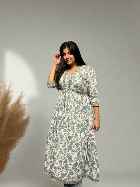 Floral Anarkali Kurta – Powder Blue & White