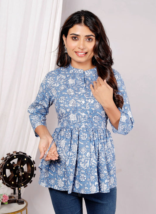 Blue Handblock Printed Peplum Top – Graceful Everyday Elegance