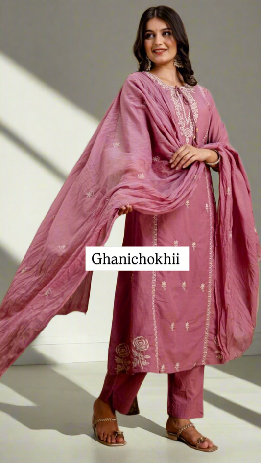 Rosewood Hand-Embroidered Cotton Kurta Set