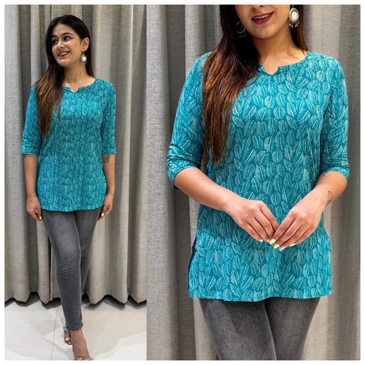 Sea Blue Handcrafted Sanganeri Print Cotton Short Kurti – Ethnic Elegance Redefined
