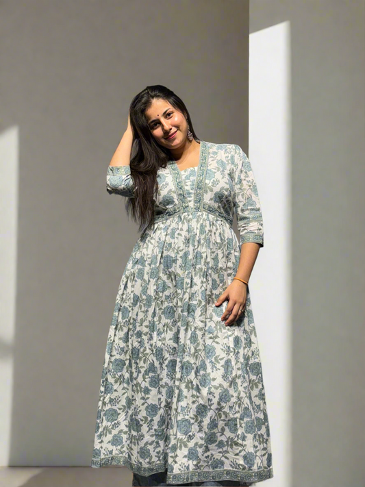 Floral Anarkali Kurta – Powder Blue & White