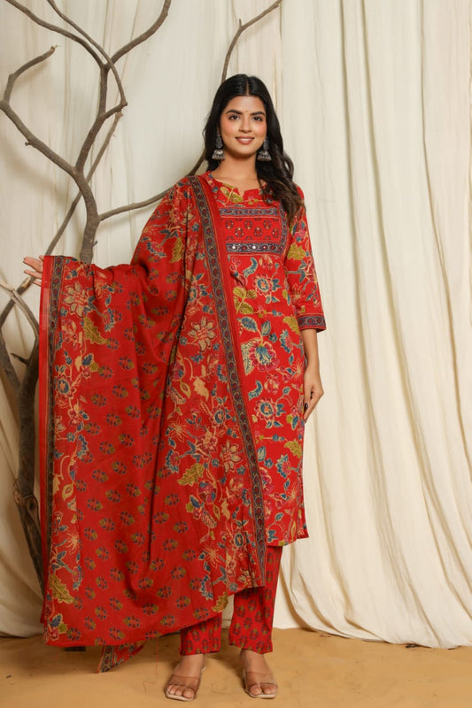 Red Floral Mulmul Cotton Suit Set with Dupatta