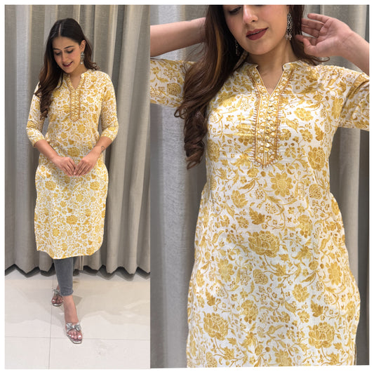 🌸 Cotton High Neck Kurti with Potli Button & Hand Work Detailing 🌸