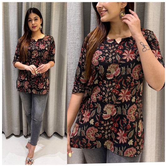 Black Leave printed Sanganeri Floral Short Kurti – Everyday Elegance