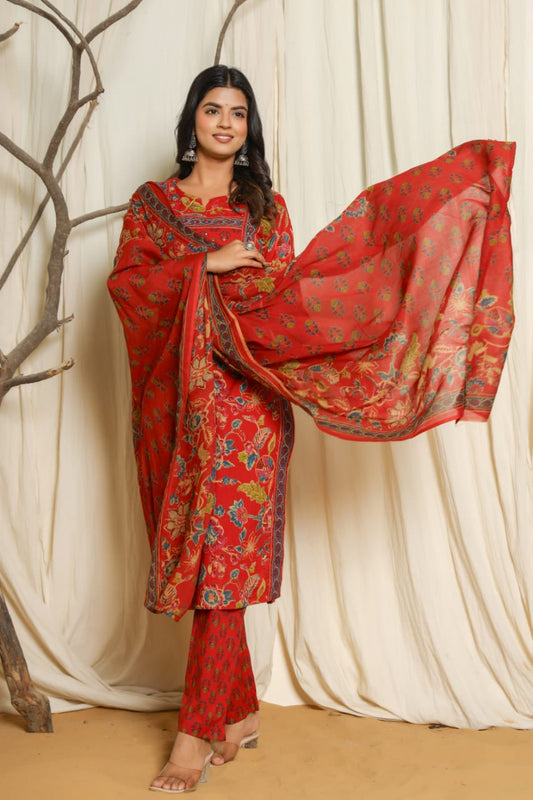 Red Floral Mulmul Cotton Suit Set with Dupatta