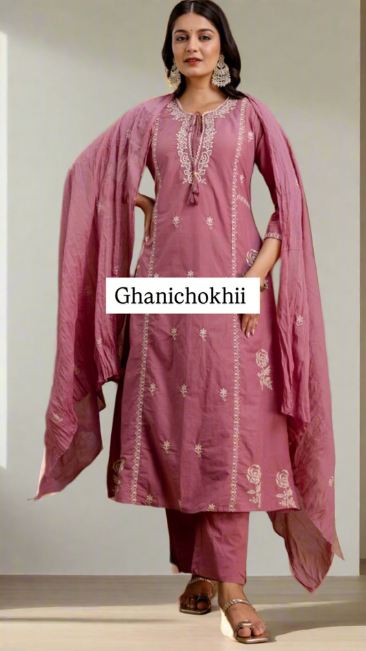 Rosewood Hand-Embroidered Cotton Kurta Set