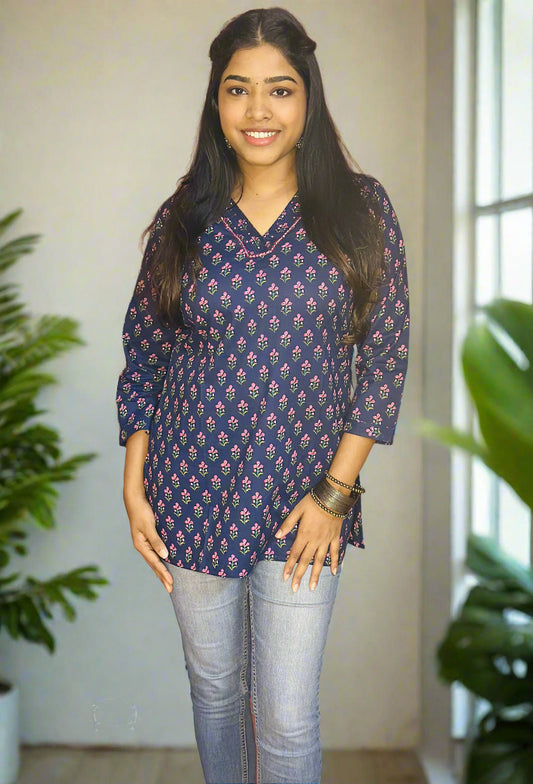🌙 Navy Blue Floral Buti Short Kurti