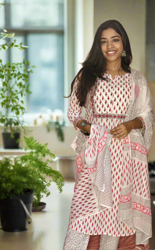 🤍 Pink & White Handblock Printed Suit Set with Dupatta