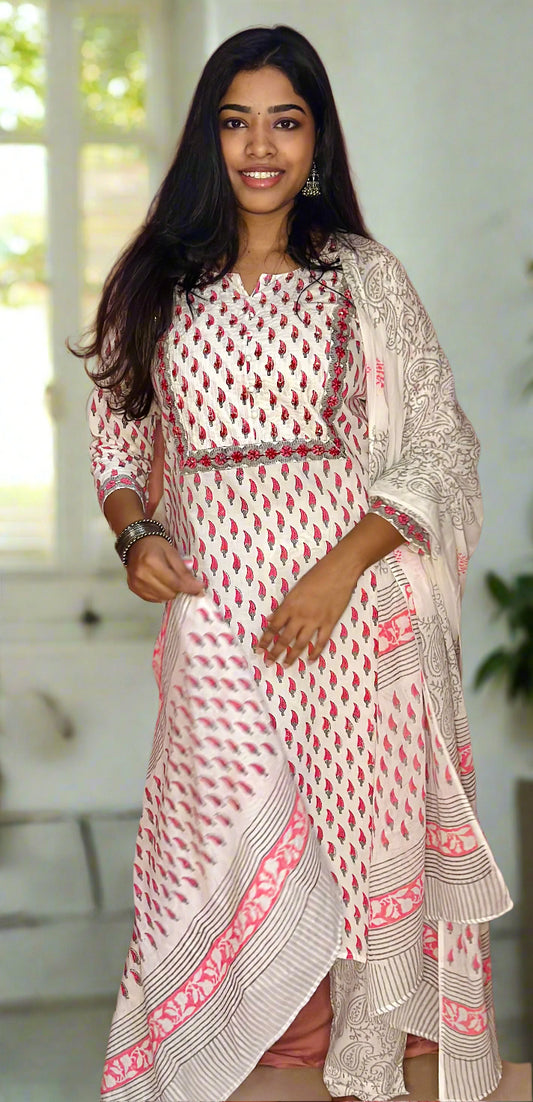 🤍 Pink & White Handblock Printed Suit Set with Dupatta