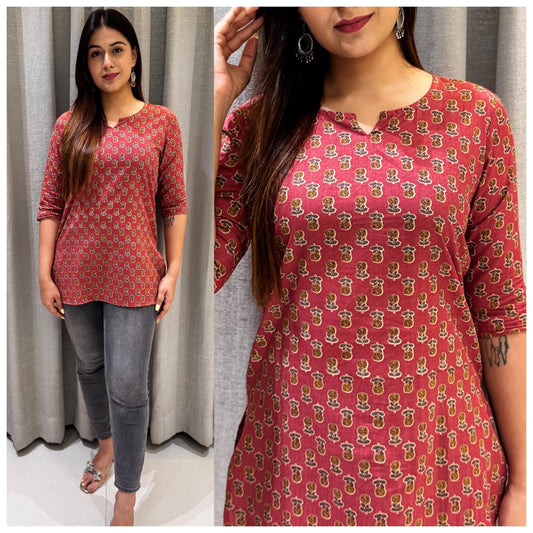 Rust Red Floral Sanganeri Short Kurti – Earthy Charm for Every Day