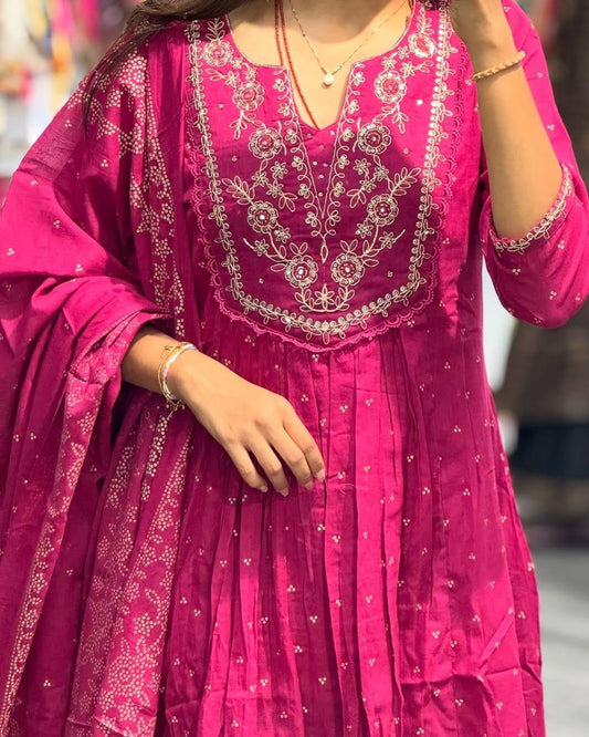 Gulabi Phool Hand-Embroidered Anarkali Set 🌸