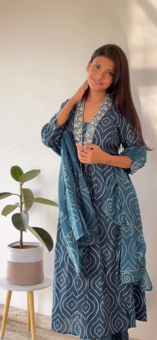 Indigo Bandhani Sanganeri Handblock Printed Cotton Kurta Set