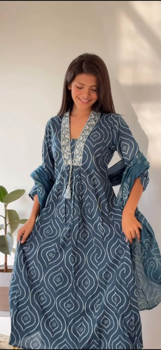 Indigo Bandhani Sanganeri Handblock Printed Cotton Kurta Set