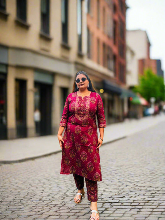 💫 Maroon Mughal Kurti and Pant Set
