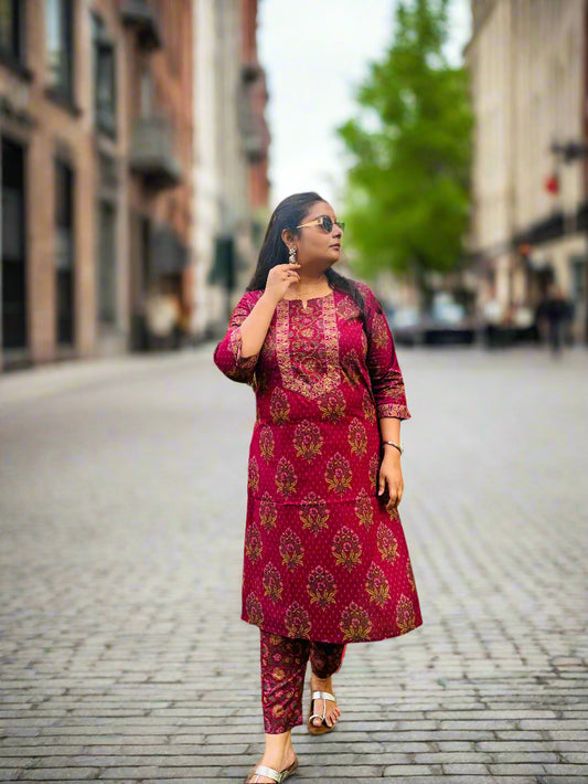 💫 Maroon Mughal Kurti and Pant Set