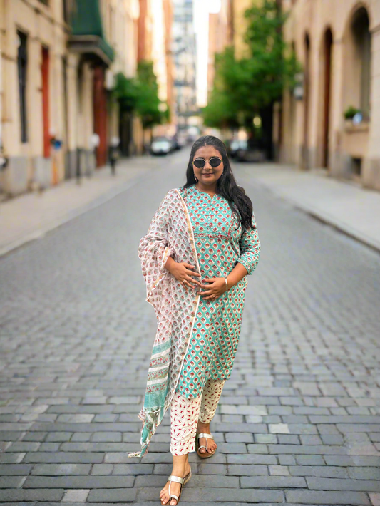 💚 Aqua Buti Print Cotton Blend Suit Set with Kota Doria Dupatta