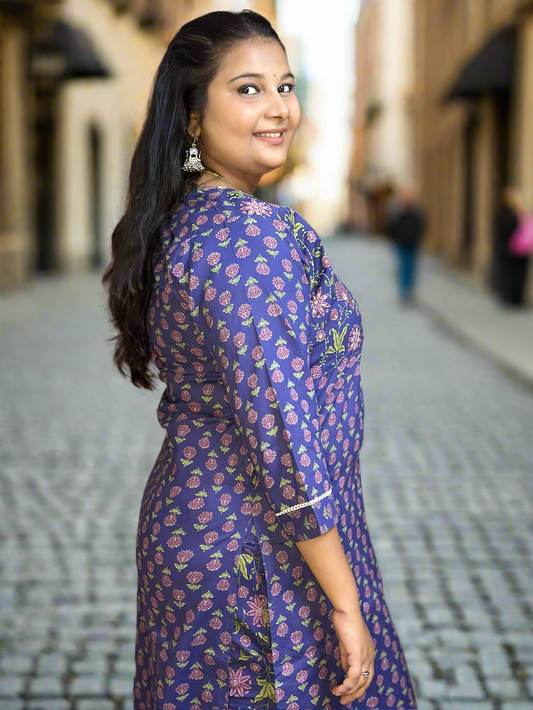 Blue Floral Kurta and Pant Set with Embroidered Neckline