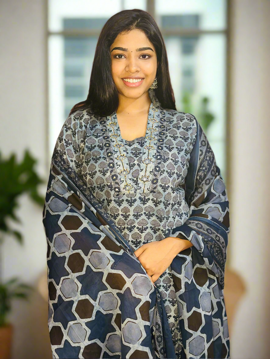 💙 Indigo Blue Handblock Suit Set with Mirror Work & Dupatta