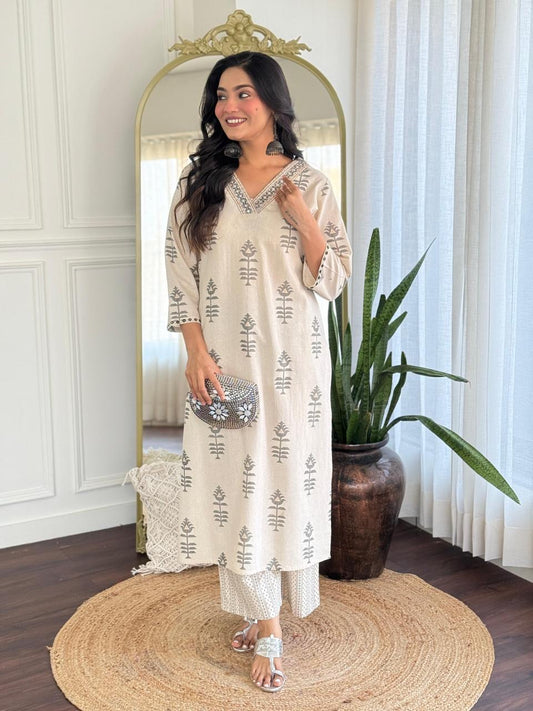 Elegant Tagai Work Cotton Kurta Set Potli Button Detailing