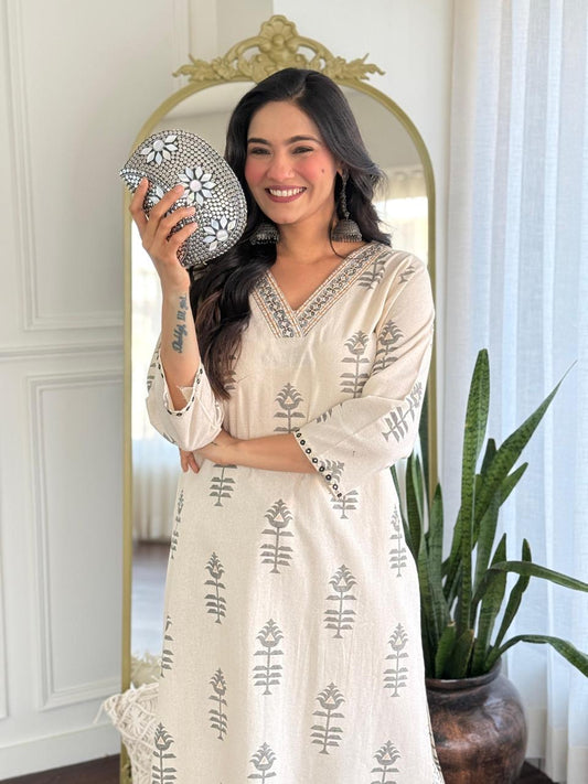 Elegant Tagai Work Cotton Kurta Set Potli Button Detailing