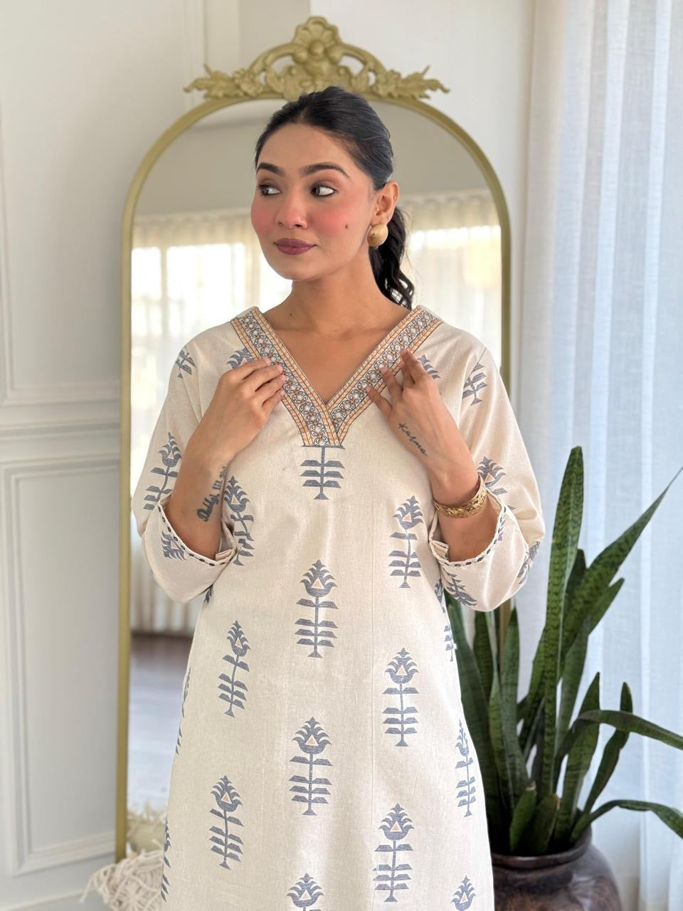 Elegant Tagai Work Cotton Kurta Set Potli Button Detailing