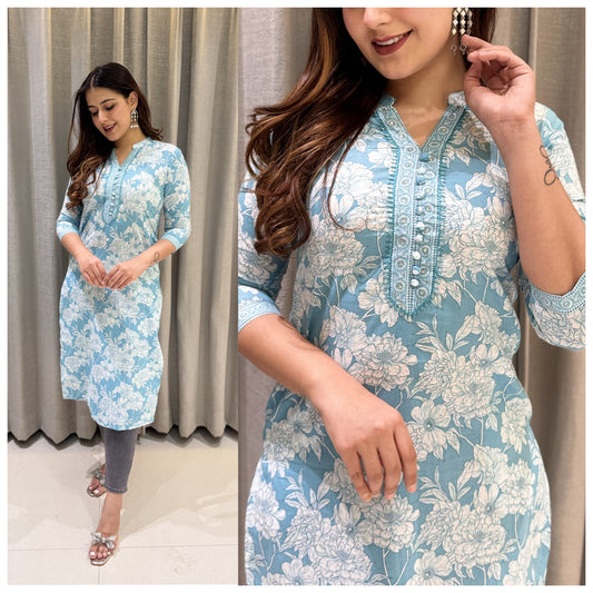 🌸 Cotton High Neck Kurti with Potli Button & Hand Work Detailing 🌸